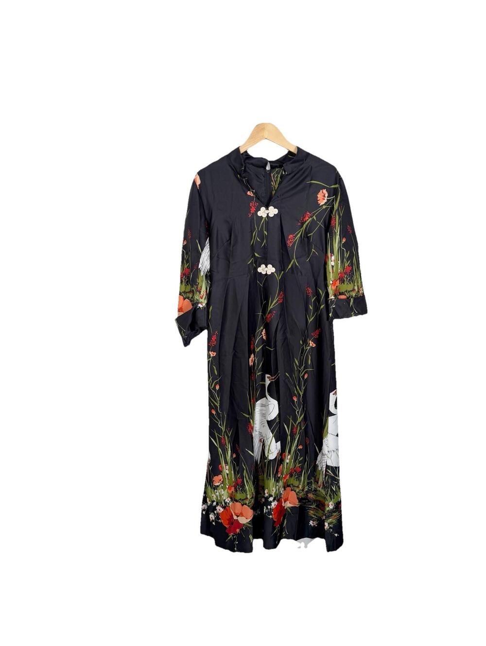 Vintage 70s Alice of California Maxi Dress Womens Oriental Stork Boho Festival